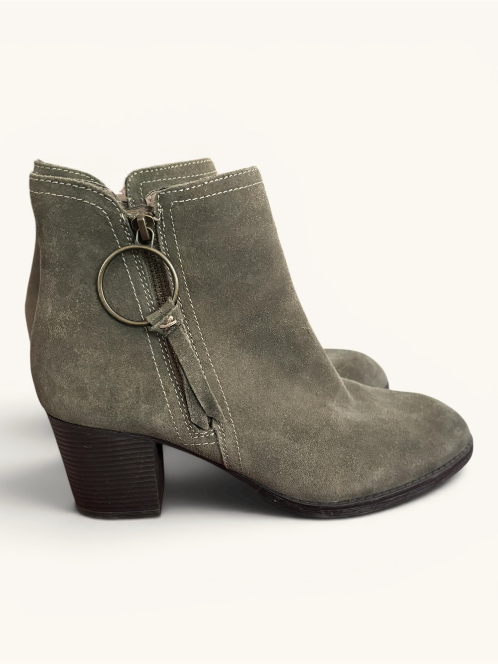 Skechers Olive Green Suede Chunky Blick Heel Ring Pull Zipper Ankle Boots 7.5